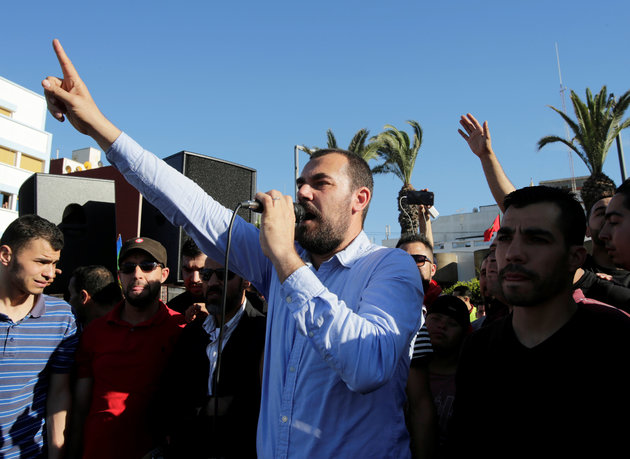 Moroccan activist and the leader of the protest movement Nasser Zefzafi gives a speech during a demonstration in the northern town of Al-Hoceima